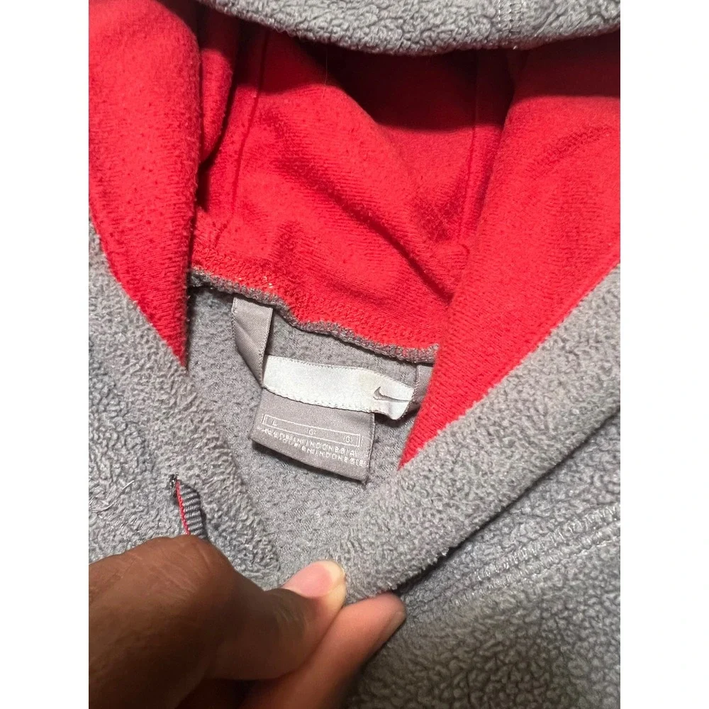 Vintage Nike Mens Hoodie Large Grey Red Center Swoosh Fleece Pullover Y2K